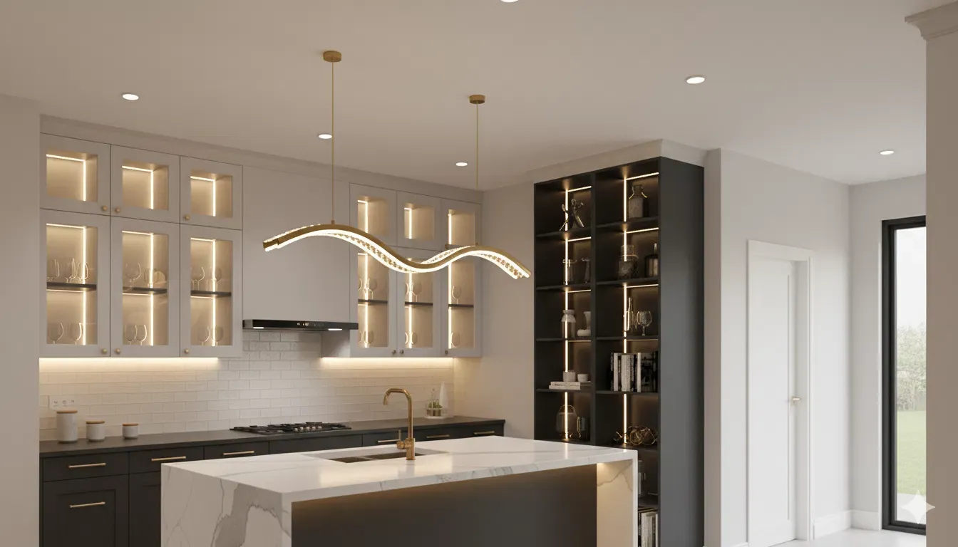 Kitchen detail with integrated shelving and pendant lighting