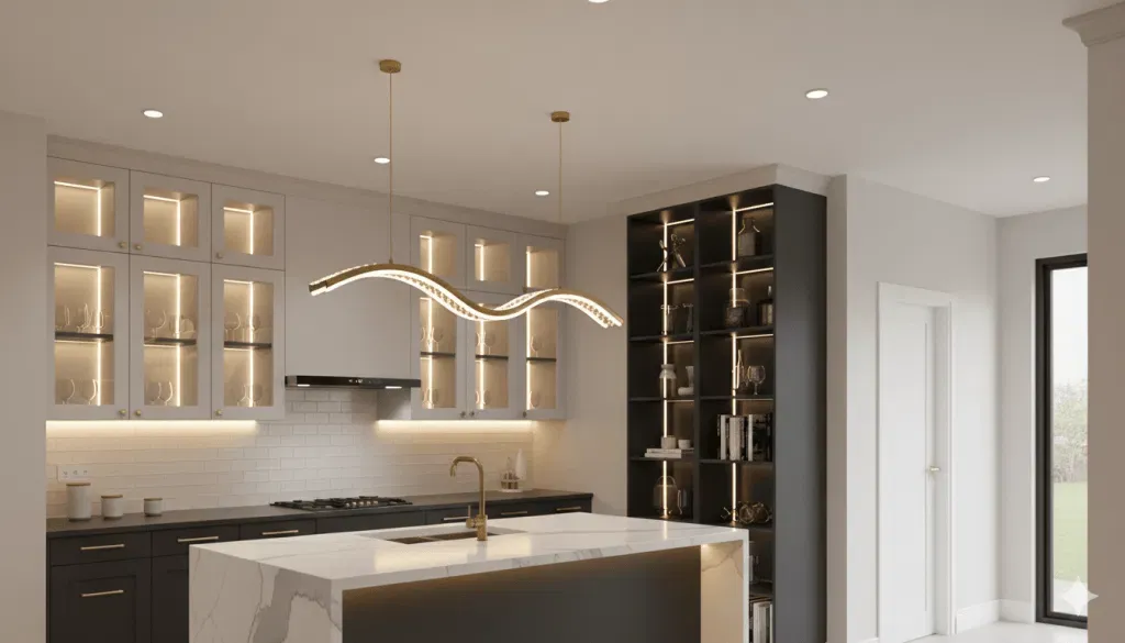 Kitchen with a sculptural pendant and integrated lighting