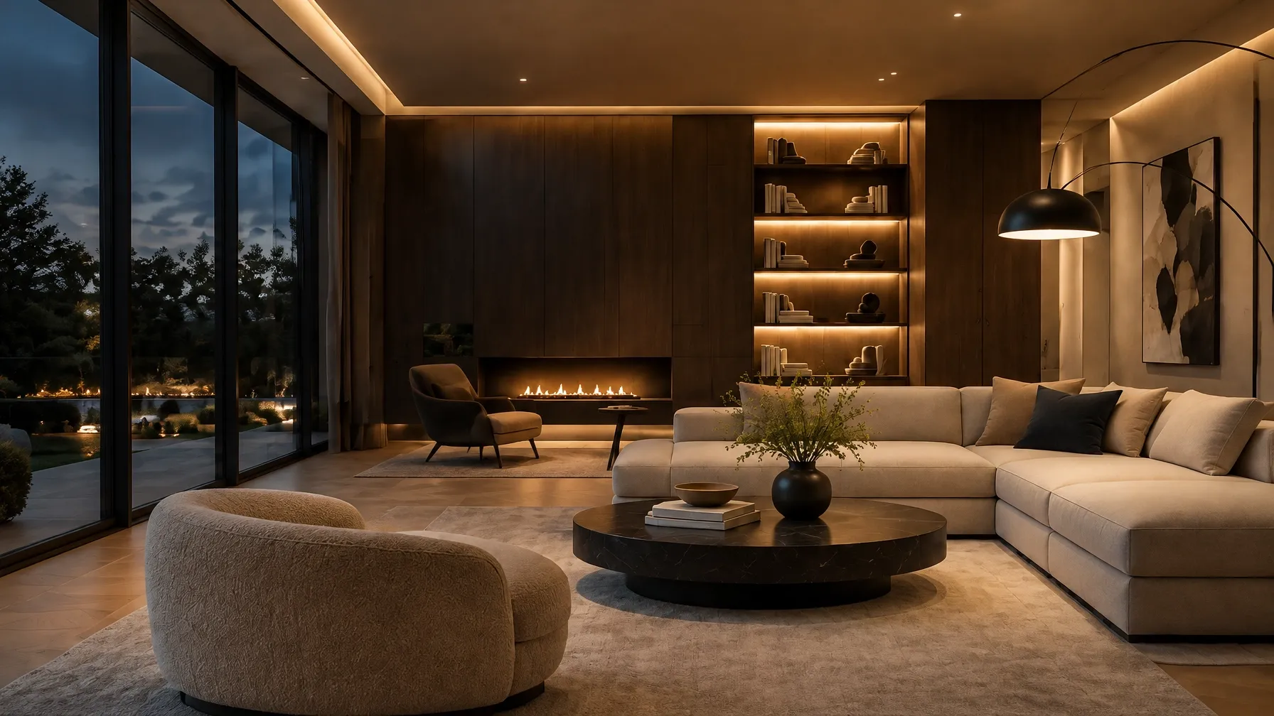 Living room with considered warm architectural lighting